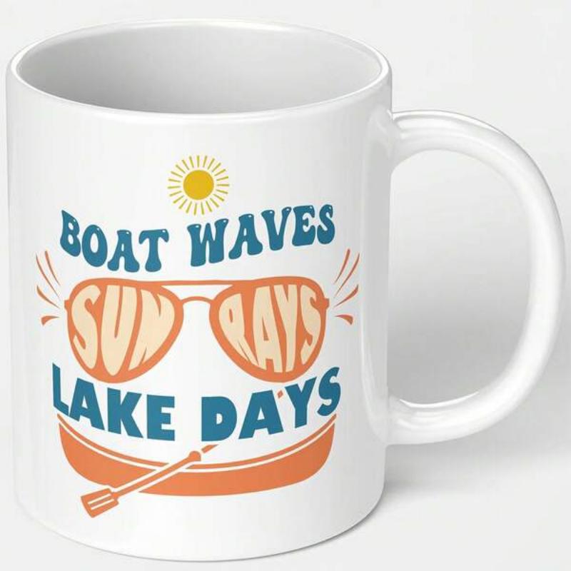 Tailorly White Ceramic 11 oz Mug - Boat Waves Sun Rays Lake Days Retro Style Sunglasses Floating Above A Calm Lake With A Vintage Canoe