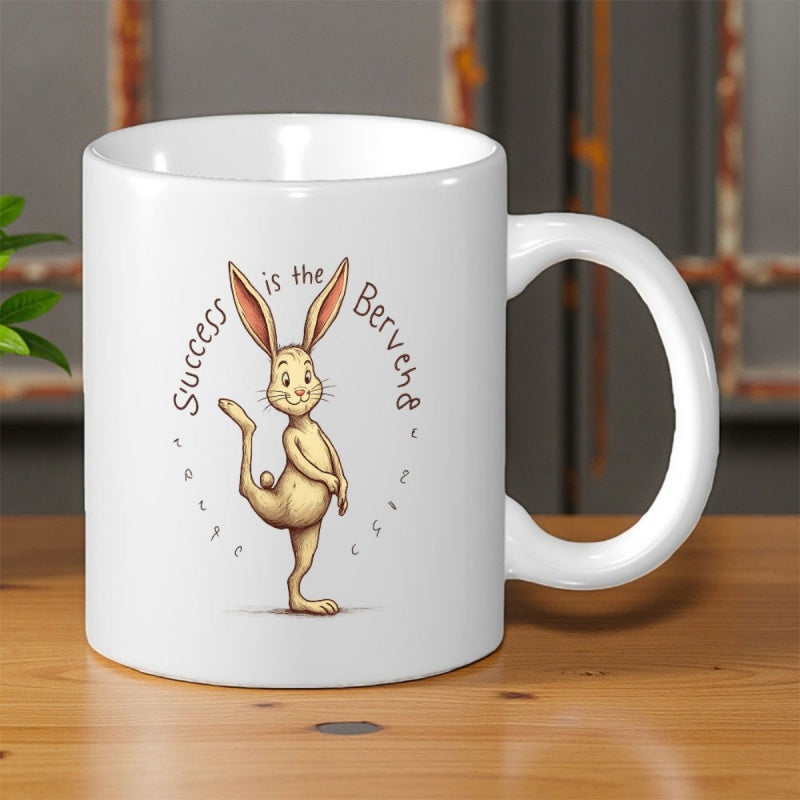 Tailorly White Ceramic 11 oz Mug - Success Cute Standing Rabbit Balancing Gracefully Among Decorative Text Rabbit