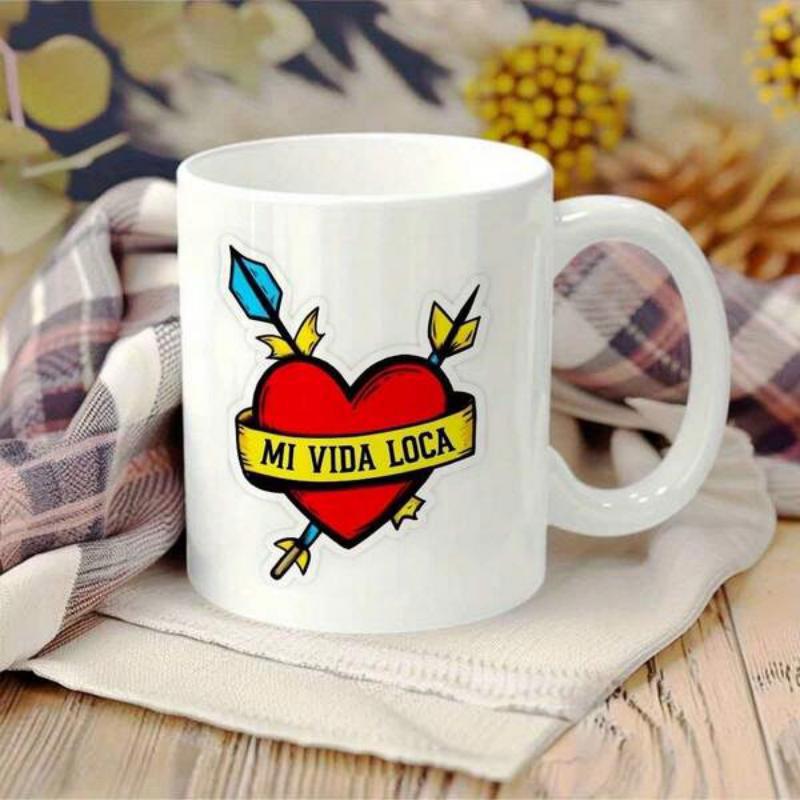 Tailorly White Ceramic 11 oz Mug - Vibrant Red Heart Pierced By Two Arrows With Yellow Banner Heart