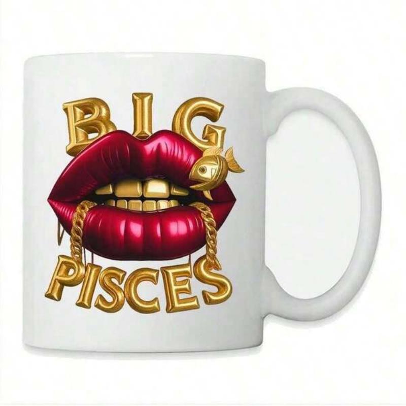 Tailorly White Ceramic 11 oz Mug - Big Pisces Glossy Red Mouth With Golden Grillz And Hanging Chains Lips