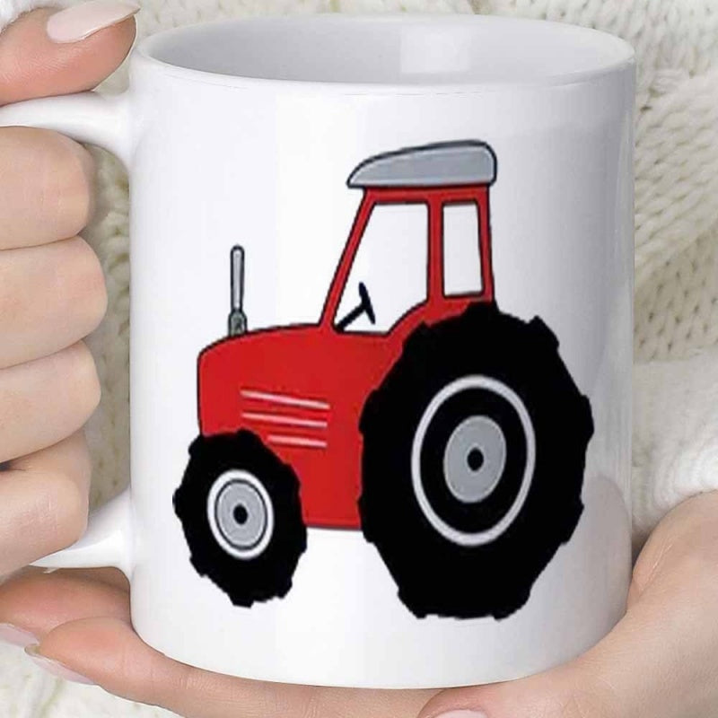 Tailorly White Ceramic 11 oz Mug - Classic Red Farm Vehicle Moving Across A Pure White Background Tractor