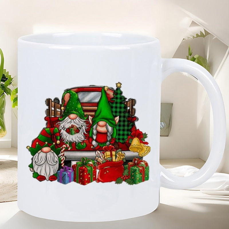 Tailorly White Ceramic 11 oz Mug - Festive Holiday Scene With Christmas Gnomes And Gifts Behind Vintage Red Truck