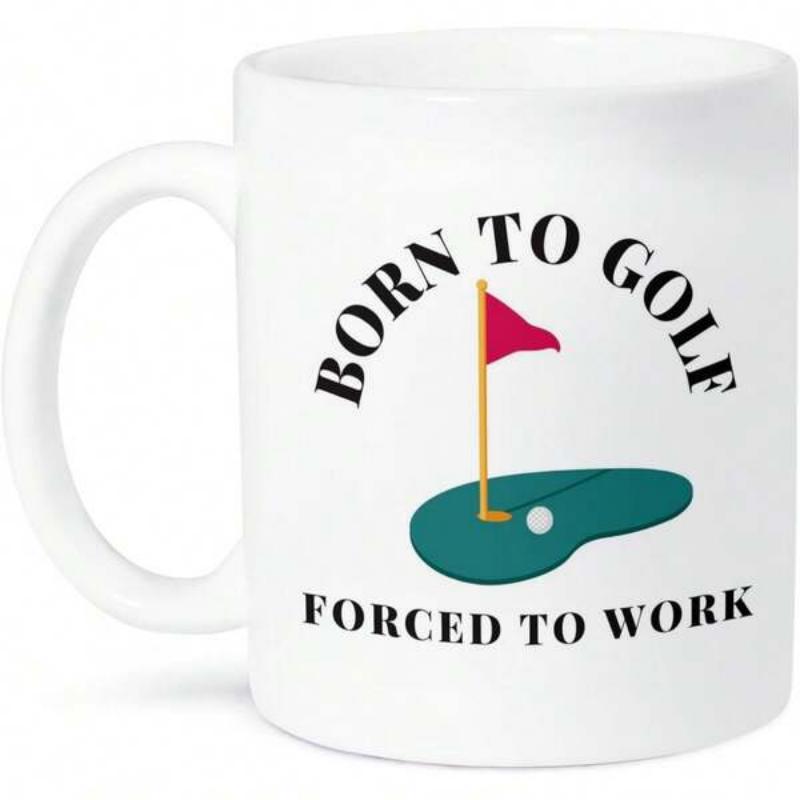 Tailorly White Ceramic 11 oz Mug - Born To Golf Forced To Work Vibrant Putting Green Featuring A Red Flag And Small White Golf Ball