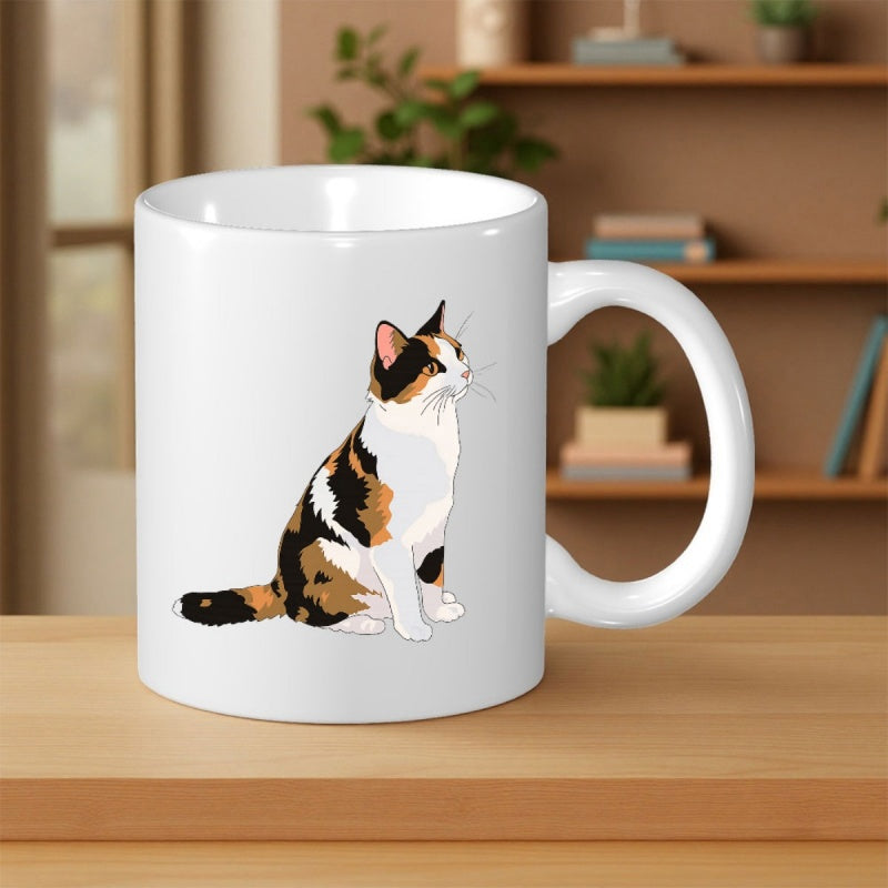 Tailorly White Ceramic 11 oz Mug - Sitting Calico Cat With Black And Orange Patches Looking Upwards Gracefully Cat