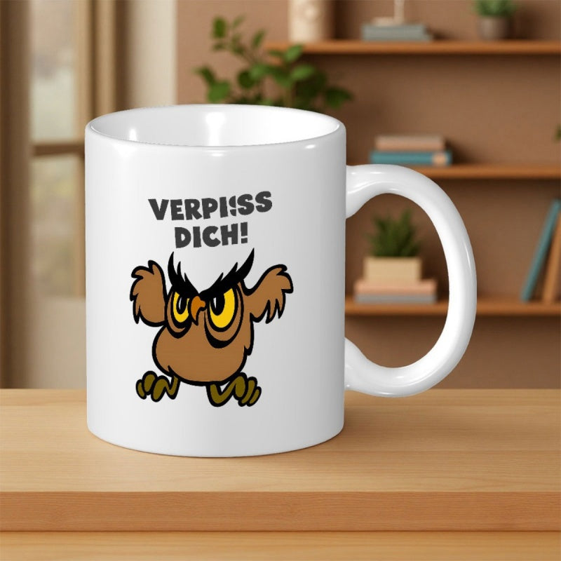 Tailorly White Ceramic 11 oz Mug - Angry Looking Cartoon Bird With Large Yellow Eyes Grumpy Owl