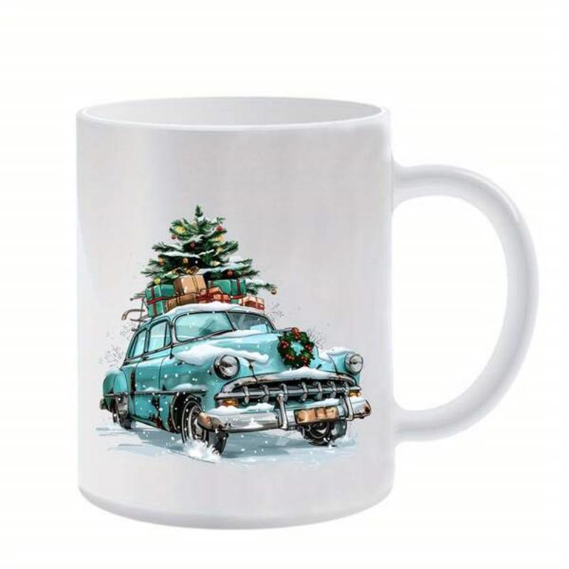 Tailorly White Ceramic 11 oz Mug - Vintage Teal Festive Christmas Tree And Gifts On Top Of Classic Car
