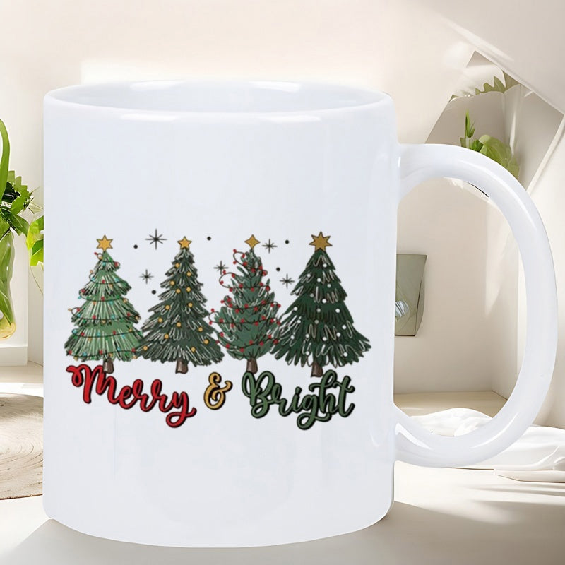 Tailorly White Ceramic 11 oz Mug - Merry Bright Four Hand Drawn Festive Pine Trees Decorated With Golden Top Stars Among Sparkles Tree