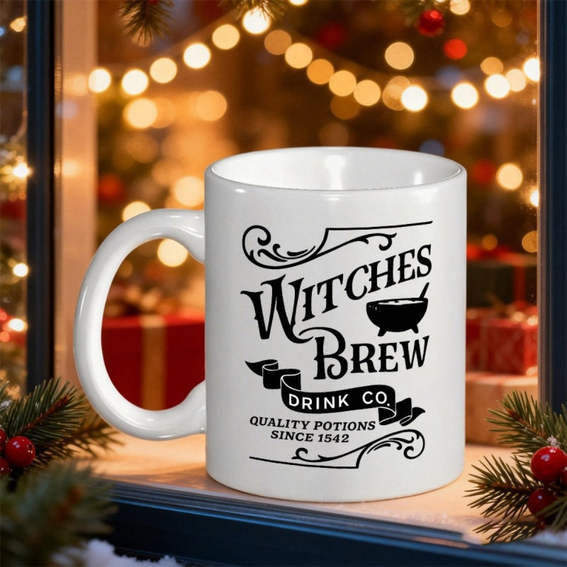 Tailorly White Ceramic 11 oz Mug - Witches Brew Drink Co Quality Potions Vintage Style Label With Boiling Cauldron Among Elegant Black Filigree Mug