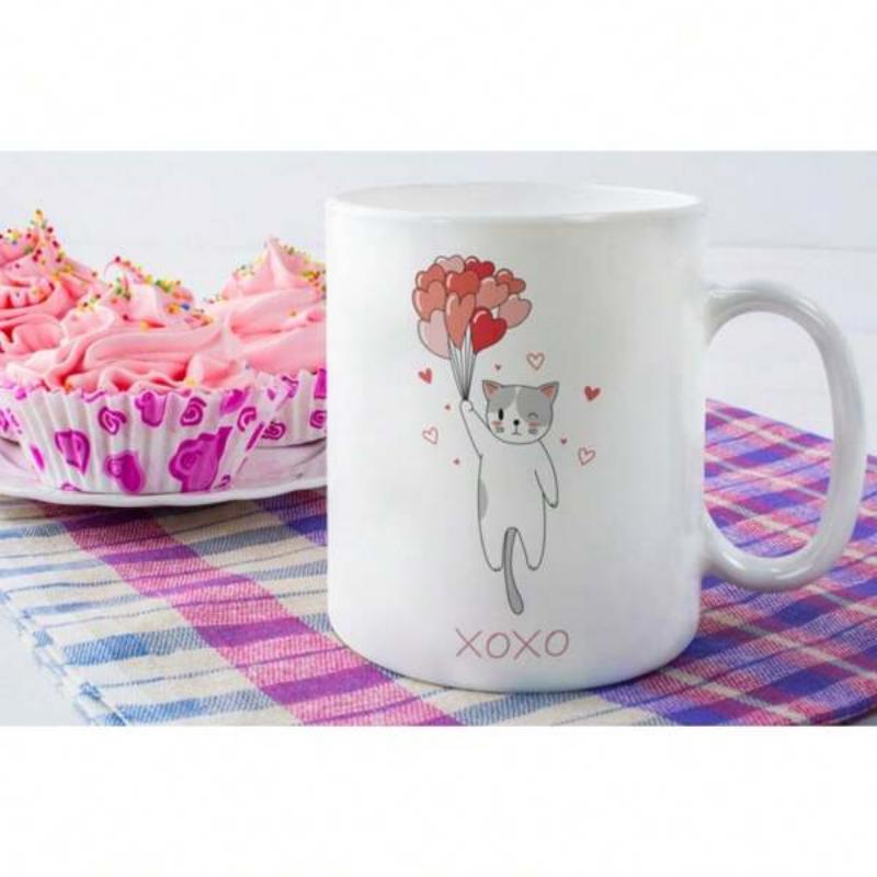 Tailorly White Ceramic 11 oz Mug - Xoxo Minimalist Hand Drawn Feline Floating With Heart Shaped Balloons In Airy Sky Cat