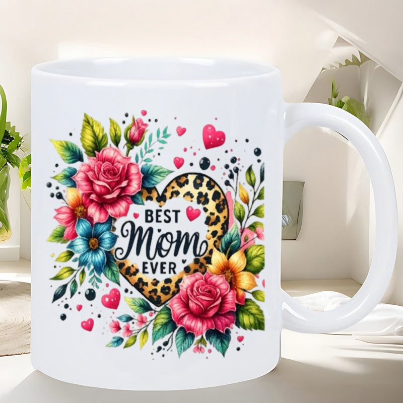 Tailorly White Ceramic 11 oz Mug - Best Mom Ever Vibrant Pink Roses And Green Foliage Surrounding A Leopard Heart
