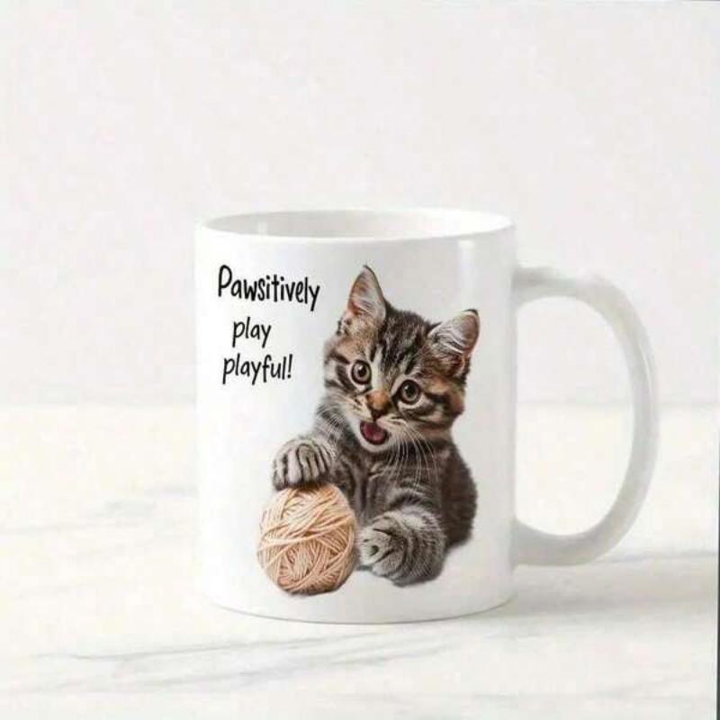 Tailorly White Ceramic 11 oz Mug - Pawsitively Play Playful Cute Tiny Tabby Kitten Playing With Soft Textured Ball Of Yarn Cat