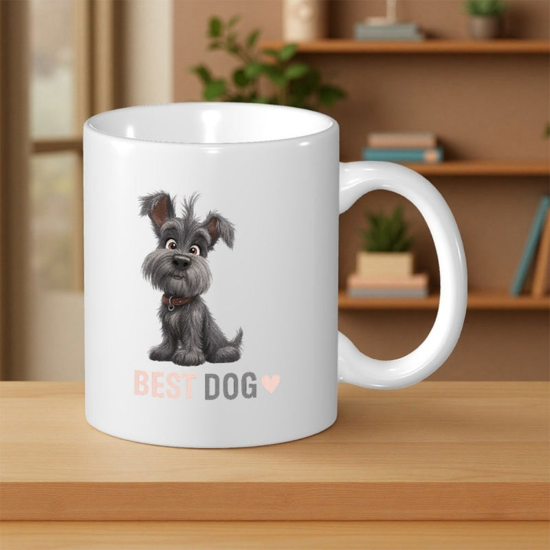 Tailorly White Ceramic 11 oz Mug - Best Dog Adorable Fluffy Grey Terrier Sitting Gracefully On A Plain Surface Dog