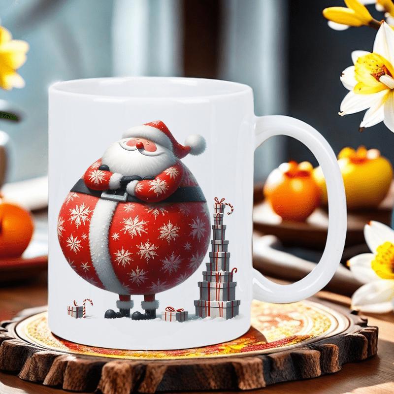 Tailorly White Ceramic 11 oz Mug - Jolly Round Character Wearing Snowflake Pattern Suit Beside Tall Stack Of Gifts Santa Claus