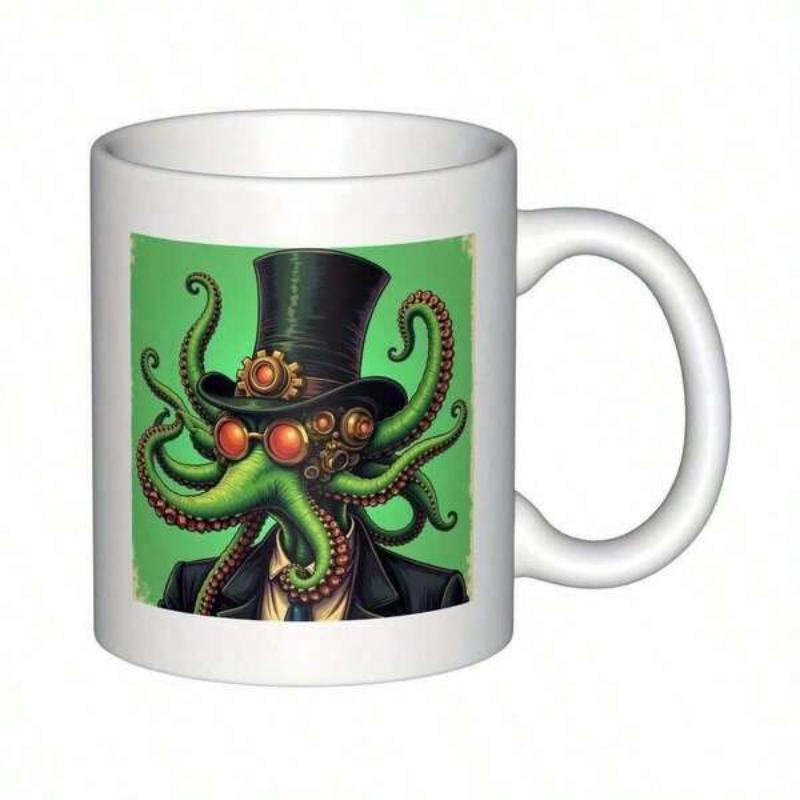 Tailorly White Ceramic 11 oz Mug - Sophisticated Steampunk Gentleman With Brass Goggles And Elegant Tall Top Hat Octopus