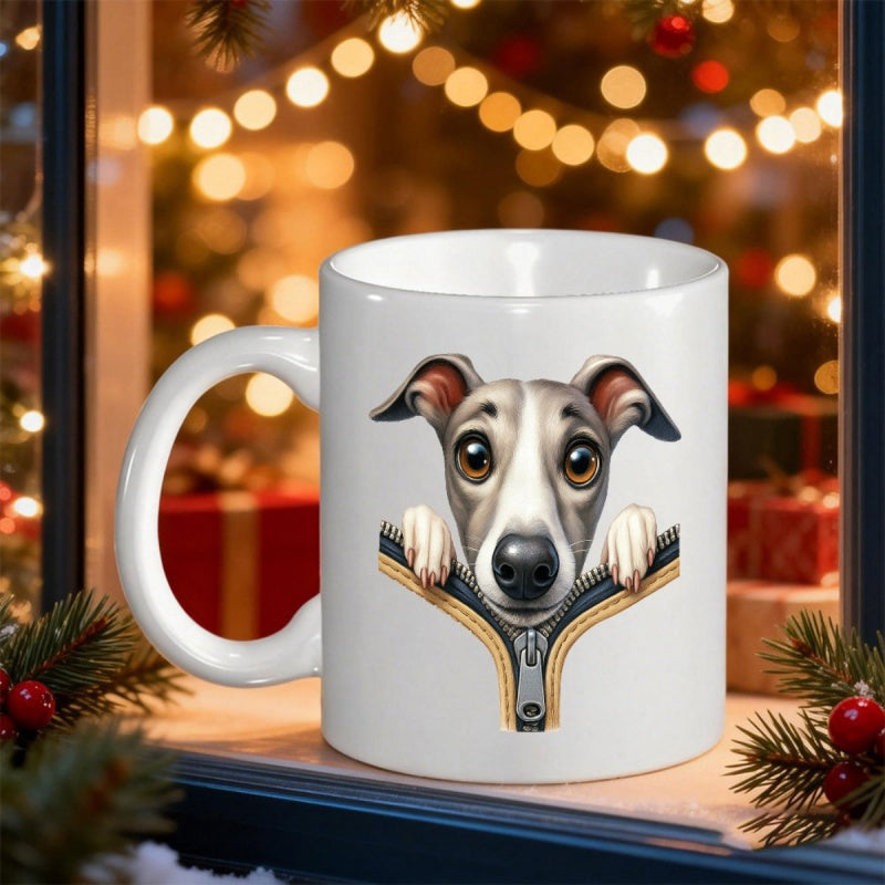 Tailorly White Ceramic 11 oz Mug - Adorable Peeking Greyhound Emerging From A Stylized Zipper On White Background Dog