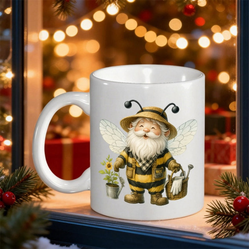 Tailorly White Ceramic 11 oz Mug - Whimsical Garden Bee Costume With Watering Can And Small Potted Sunflower Gnome