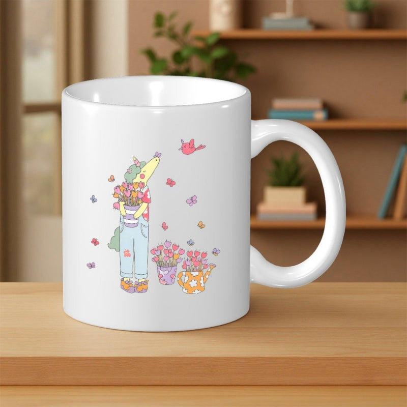 Tailorly White Ceramic 11 oz Mug - Whimsical Cartoon Alligator In Overalls Holding Flowers Beside Potted Plants And Bird Alligator
