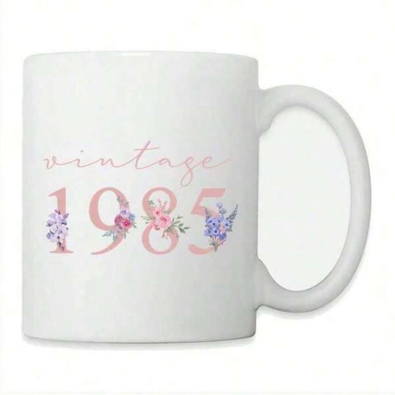Tailorly White Ceramic 11 oz Mug - Vintage 1985 Delicate Purple And Pink Flowers Adorning Large Serif Numbers On Ceramic Mug