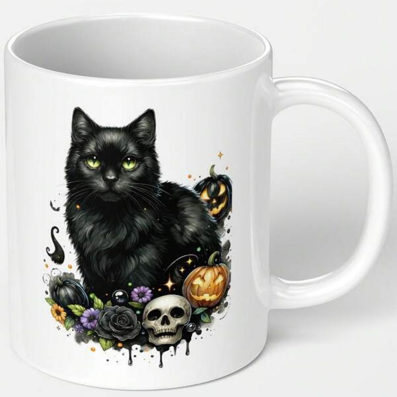 Tailorly White Ceramic 11 oz Mug - Mysterious Black Feline Surrounded By Carved Pumpkins And A Spooky Skull Cat