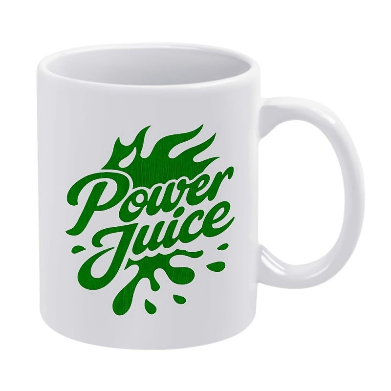 Tailorly White Ceramic 11 oz Mug - Power Juice Dynamic Vibrant Green Liquid Splash Bursting Behind Bold Stylized Script Splash