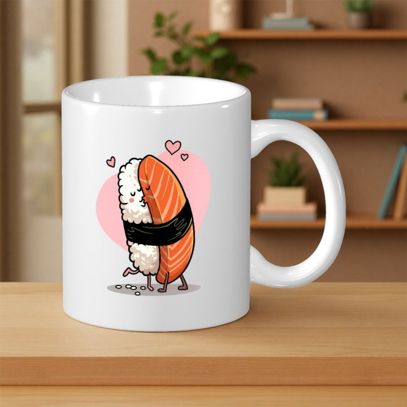 Tailorly White Ceramic 11 oz Mug - Adorable Cartoon Sushi Characters Hugging With Pink Hearts In Background Sushi