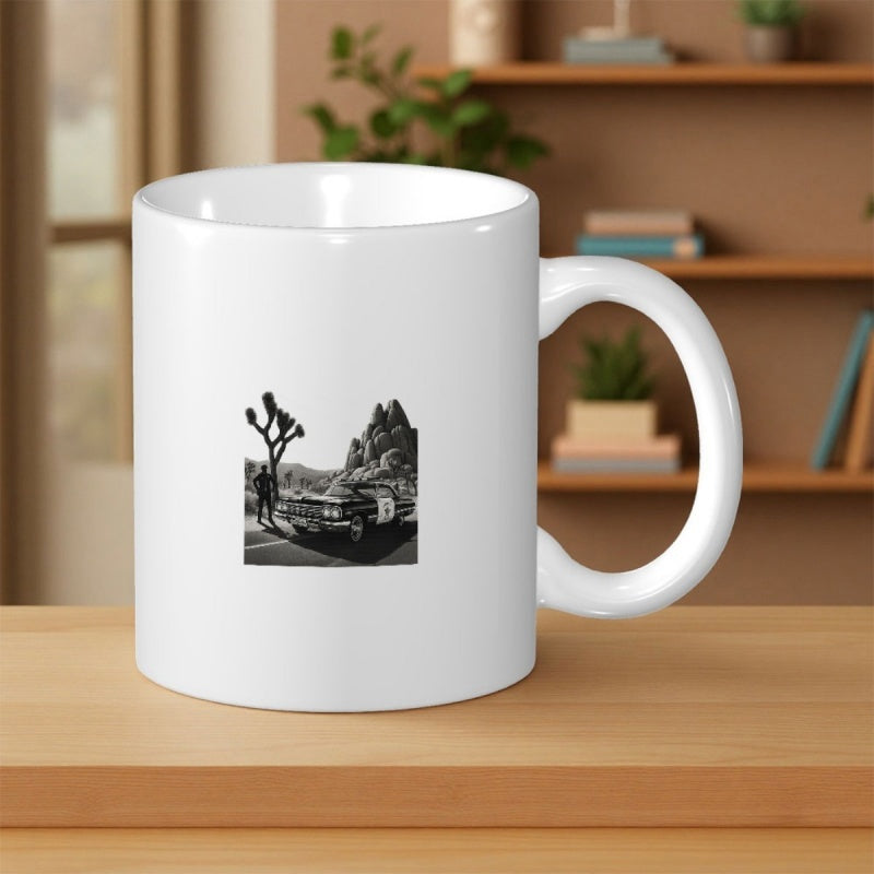 Tailorly White Ceramic 11 oz Mug - Monochrome Vintage Scene With Classic Car Parked Under Joshua Tree Desert Car
