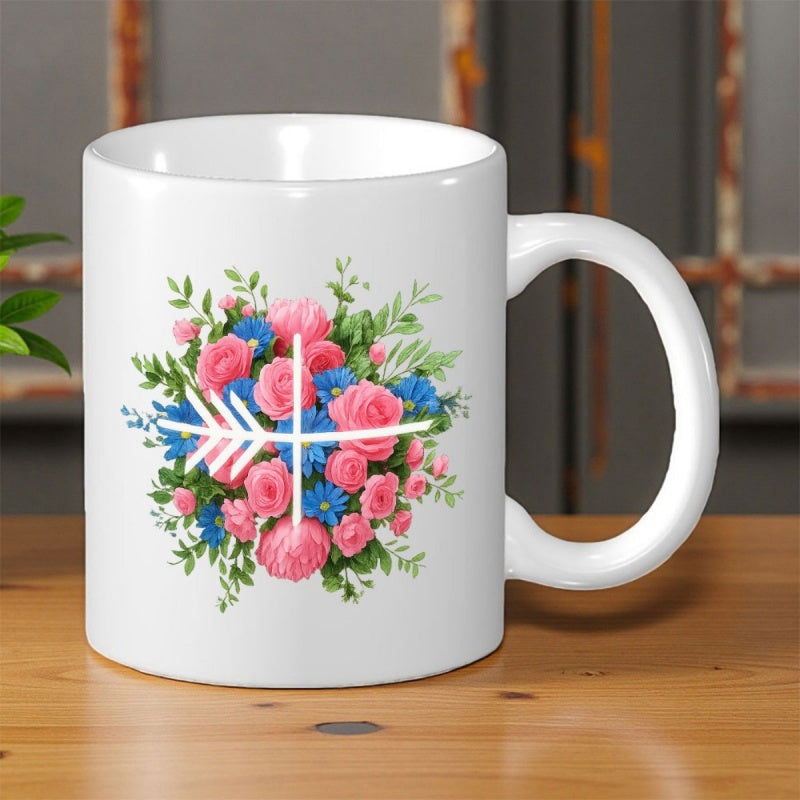 Tailorly White Ceramic 11 oz Mug - Vibrant Pink Roses And Blue Wildflowers Featuring A Stylized Minimalist Arrow Bouquet