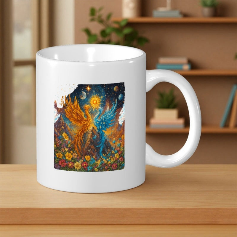 Tailorly White Ceramic 11 oz Mug - Vibrant Phoenix Pair Dancing Among Blooming Wildflowers Under A Celestial Golden Sun Phoenix