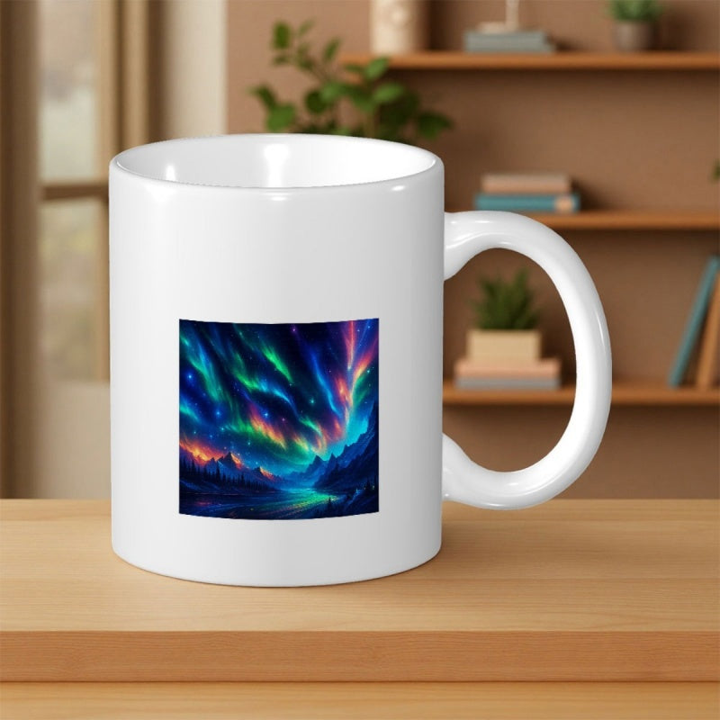 Tailorly White Ceramic 11 oz Mug - Vibrant Night Sky Shining Over Dark Mountain Peaks In A Magical Landscape Aurora