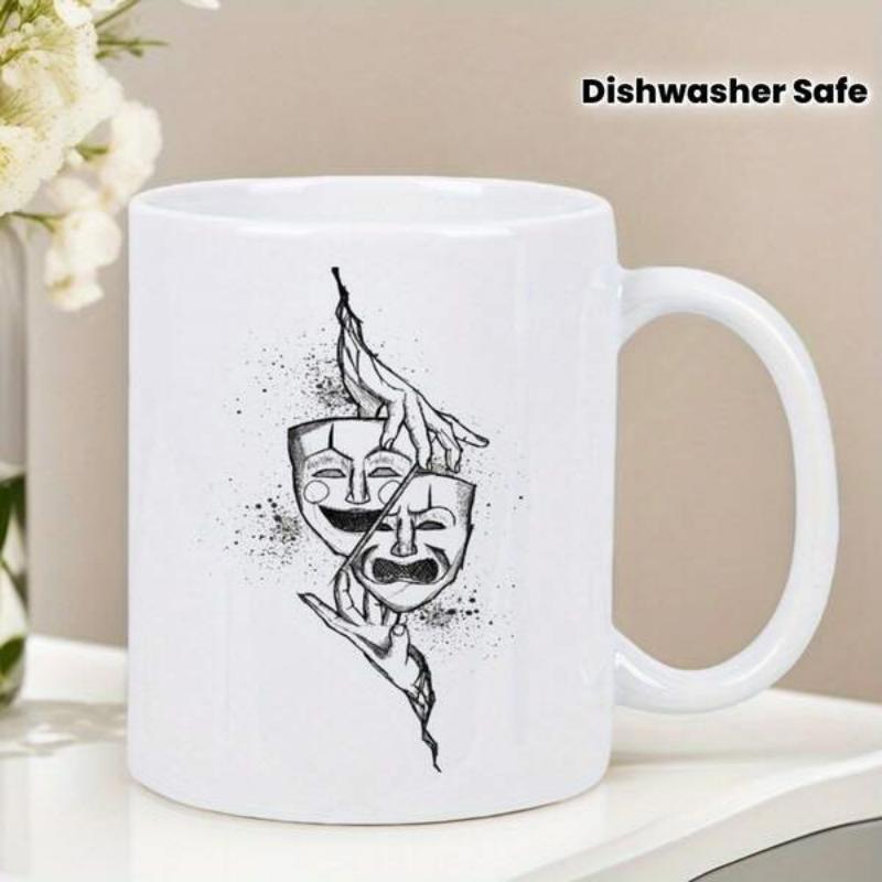 Tailorly White Ceramic 11 oz Mug - Dramatic Artistic Sketch With Hands Holding Comedy And Tragedy Theater Mask