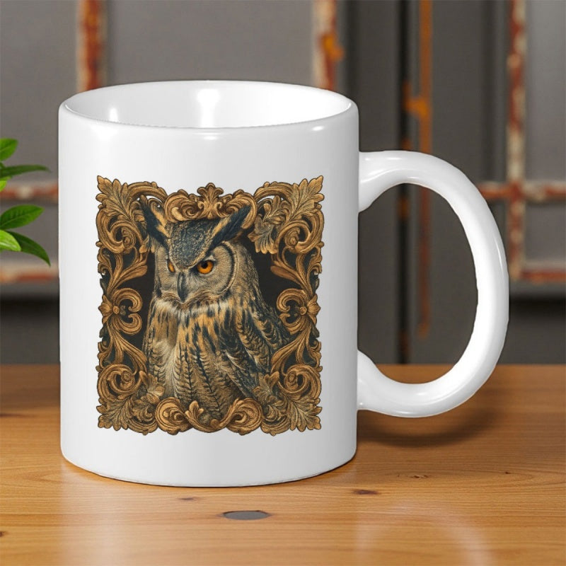 Tailorly White Ceramic 11 oz Mug - Ornate Golden Baroque Frame Surrounding A Wise Majestic Night Hunting Owl