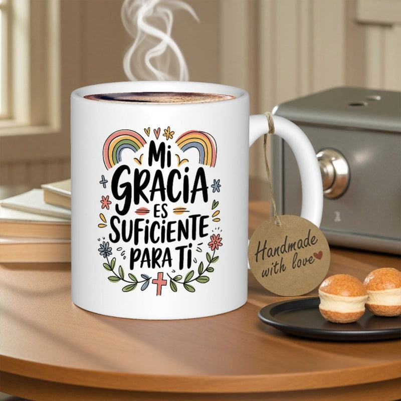 Tailorly White Ceramic 11 oz Mug - Colorful Hand Drawn Rainbows And Flowers With Spiritual Cross Decorative Ceramic Mug