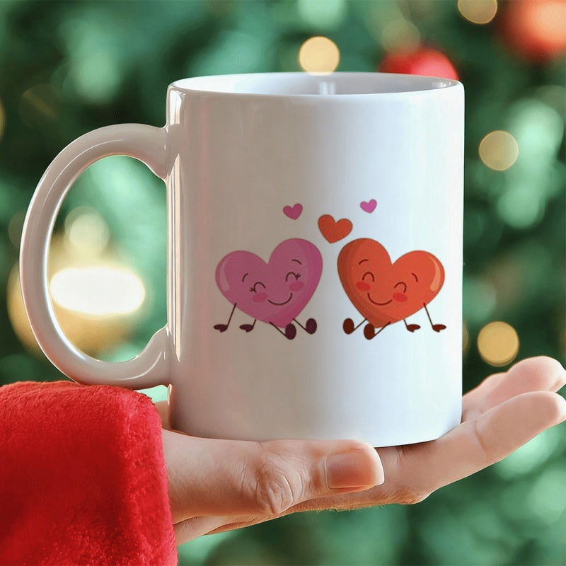 Tailorly White Ceramic 11 oz Mug - Two Adorable Smiling Cartoon Figures Resting Comfortably Together Under Tiny Floating Pink Hearts