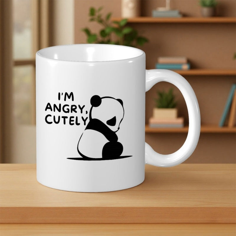 Tailorly White Ceramic 11 oz Mug - I'm Angry Cutely Minimalist Black And White Illustration Of A Sitting Chubby Panda