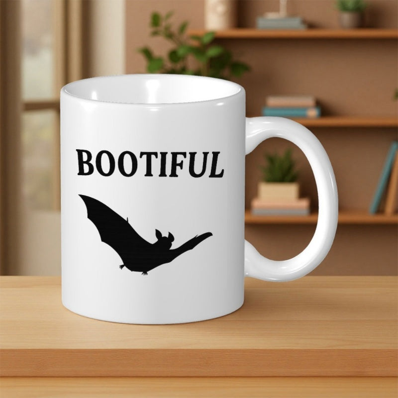 Tailorly White Ceramic 11 oz Mug - Bootiful Spooky Black Winged Creature Flying In The Dark Midnight Sky Bat