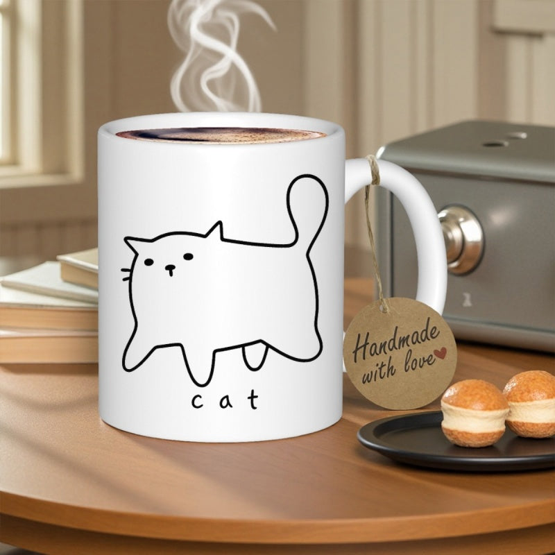 Tailorly White Ceramic 11 oz Mug - Cat Simple Minimalist Hand Drawn Black Line Art Of A Chubby Playful Cat