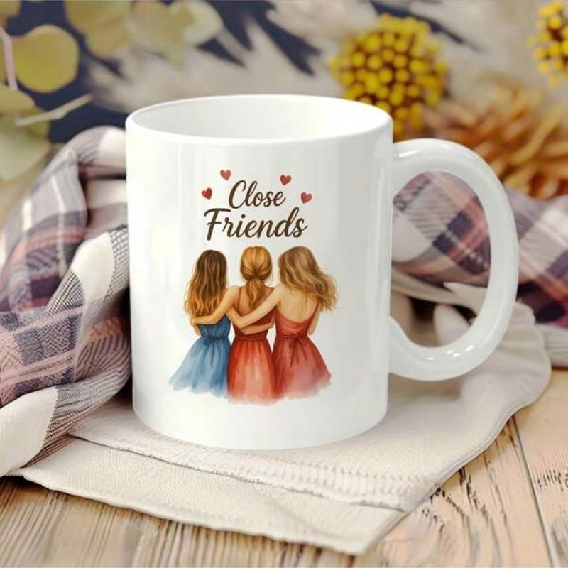 Tailorly White Ceramic 11 oz Mug - Close Friends Three Girls Hugging With Colorful Dresses Under Small Hearts Illustration