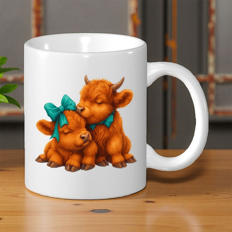 Tailorly White Ceramic 11 oz Mug - Two Fluffy Orange Highland Calves Cuddling Together With Beautiful Teal Bows Calf