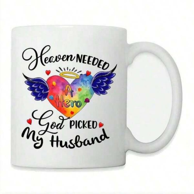 Tailorly White Ceramic 11 oz Mug - Heaven Needed A Hero God Picked My Husband Vibrant Colorful Wings With Golden Halo And Red Hearts Heart
