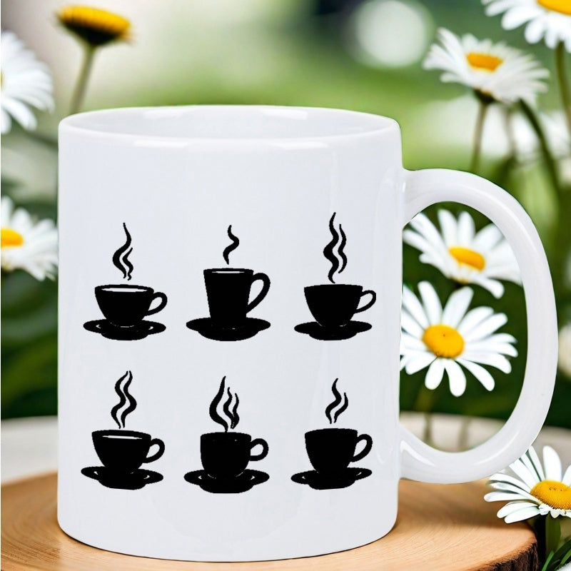 Tailorly White Ceramic 11 oz Mug - Minimalist Black Silhouettes Of Hot Steaming Beverages On A Morning Coffee Cup