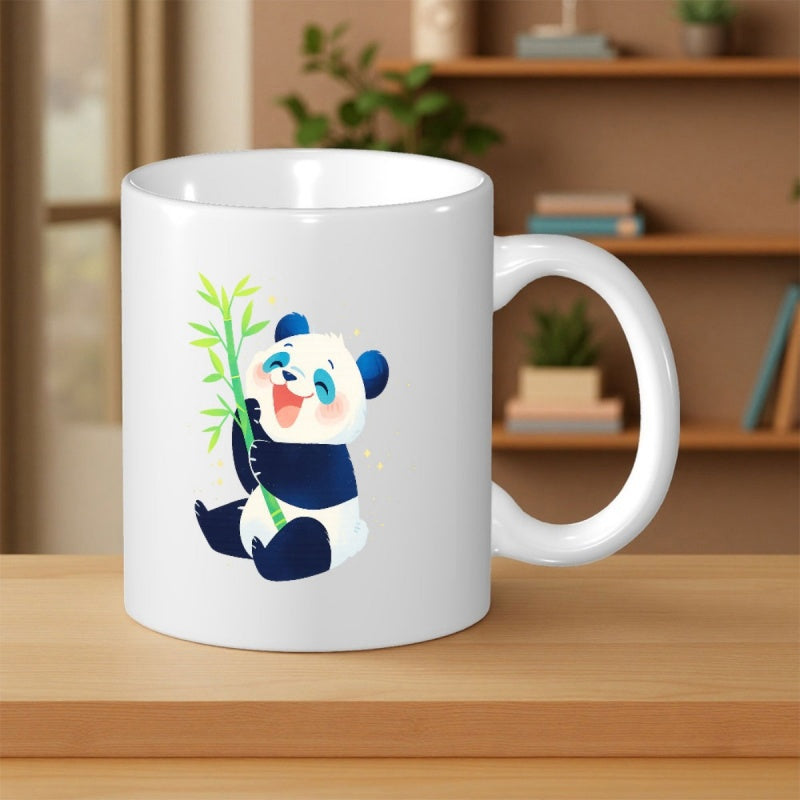 Tailorly White Ceramic 11 oz Mug - Adorable Navy Blue Cartoon Panda Holding A Green Bamboo Stalk Panda