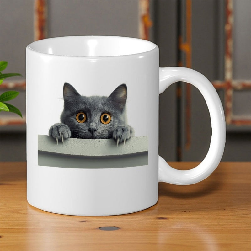 Tailorly White Ceramic 11 oz Mug - Adorable Gray Kitten Peering Over A Ledge With Large Curious Eyes Cat