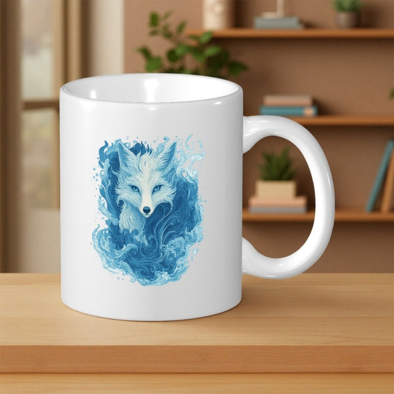 Tailorly White Ceramic 11 oz Mug - Majestic Ethereal Spirit With Swirling Blue Mist And Elegant Flowing Fox