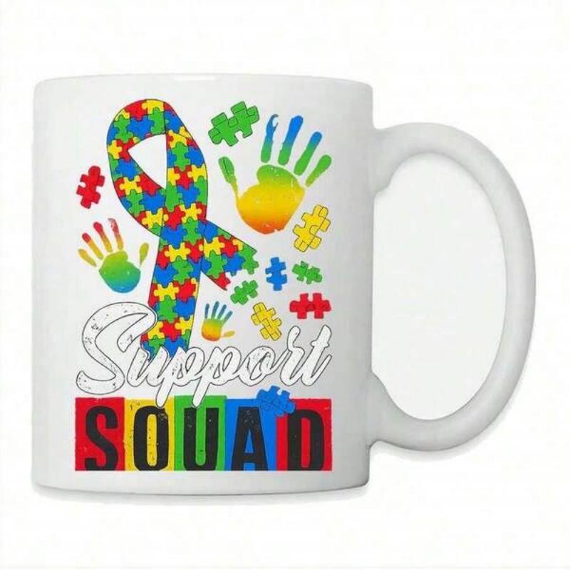 Tailorly White Ceramic 11 oz Mug - Support Squad Colorful Awareness Ribbon With Rainbow Handprints And Vibrant Puzzle Pieces Ribbon