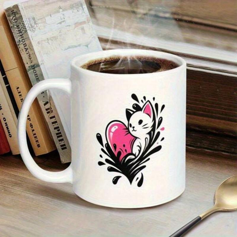 Tailorly White Ceramic 11 oz Mug - Charming Tiny White Kitten Hugging Vibrant Pink Heart With Artistic Black Splashes Cat