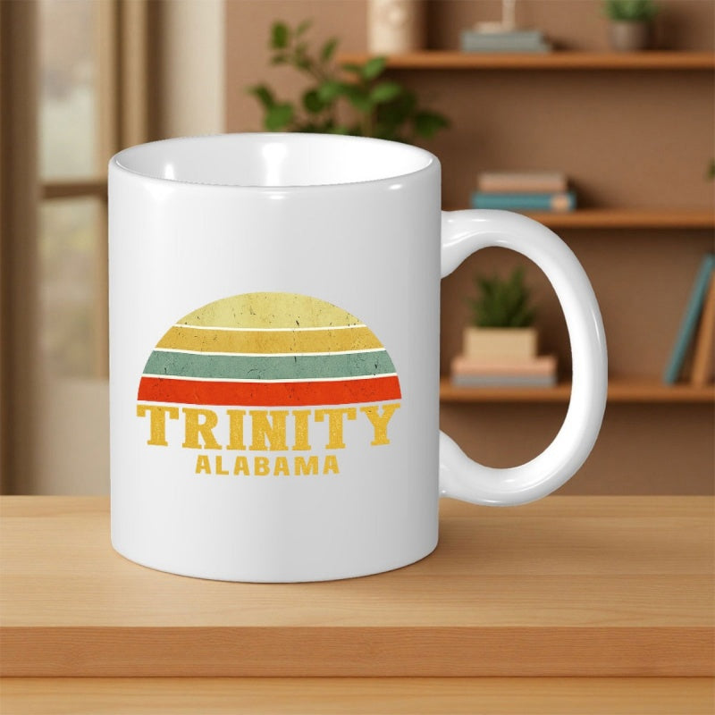 Tailorly White Ceramic 11 oz Mug - Trinity Alabama Vintage Distressed Retro Style Horizontal Striped Semi Circle Colorful Sunset