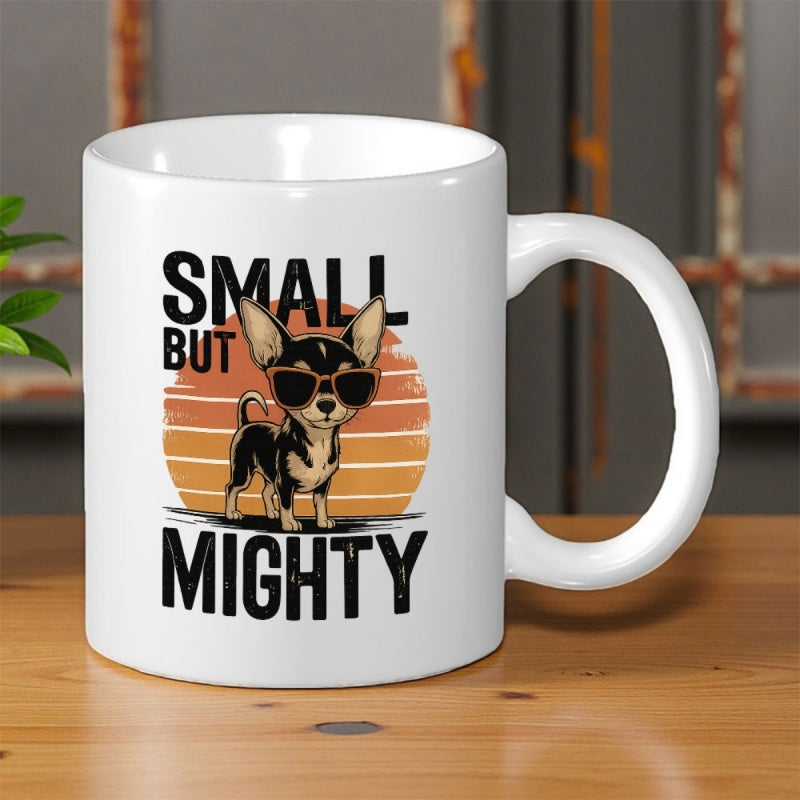 Tailorly White Ceramic 11 oz Mug - Small But Mighty Vintage Retro Striped Sunset Background Featuring Cool Sunglasses Chihuahua