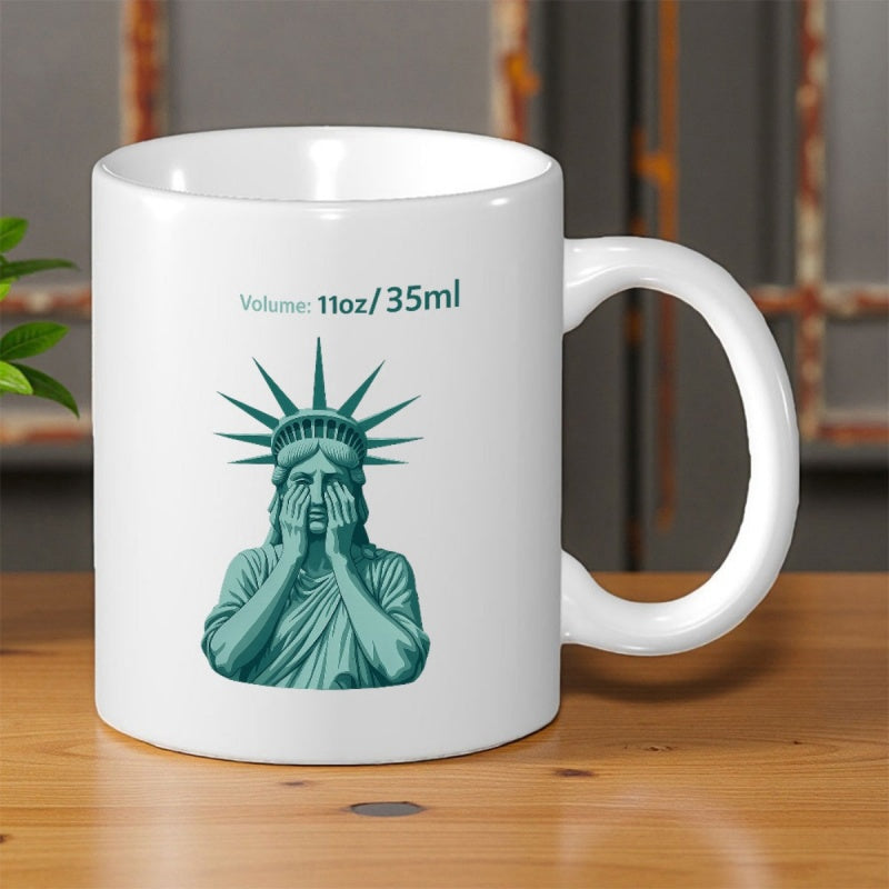 Tailorly White Ceramic 11 oz Mug - Volume 11oz 35ml Teal Colored Statue Of Liberty Expressing Distress By Covering Her Face Statue
