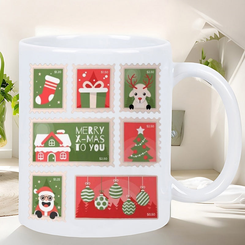 Tailorly White Ceramic 11 oz Mug - Merry X Mas To You Festive Postage Stamps Featuring Santa And Reindeer Ornaments Mug