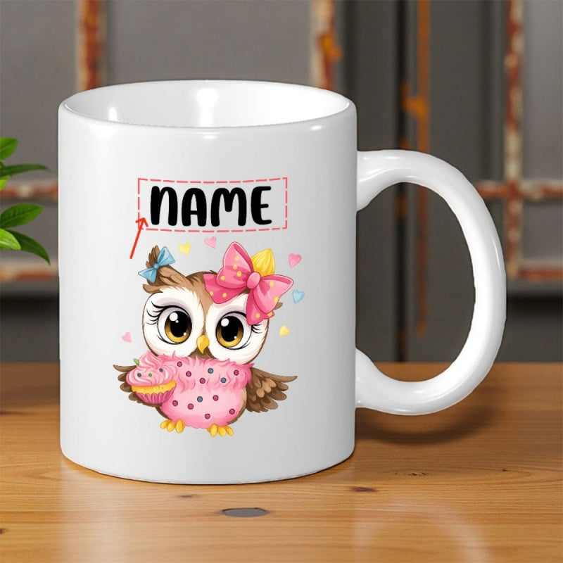 Tailorly White Ceramic 11 oz Mug - Name Cute Pink Cartoon Owl Holding Cupcake With Polka Dots And Bow Owl